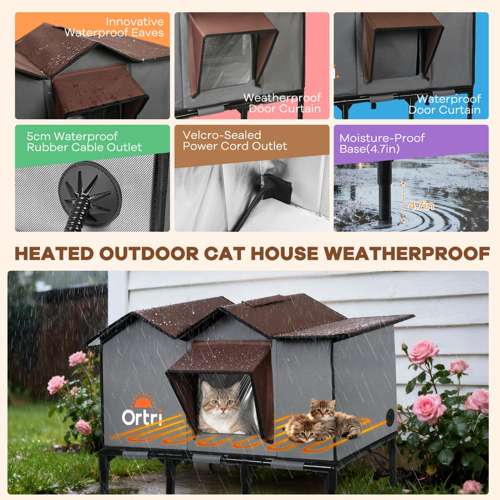 Ortri Outdoor Heated Cat House – Winter Weatherproof Shelter for Multiple Cats (30x14x20)