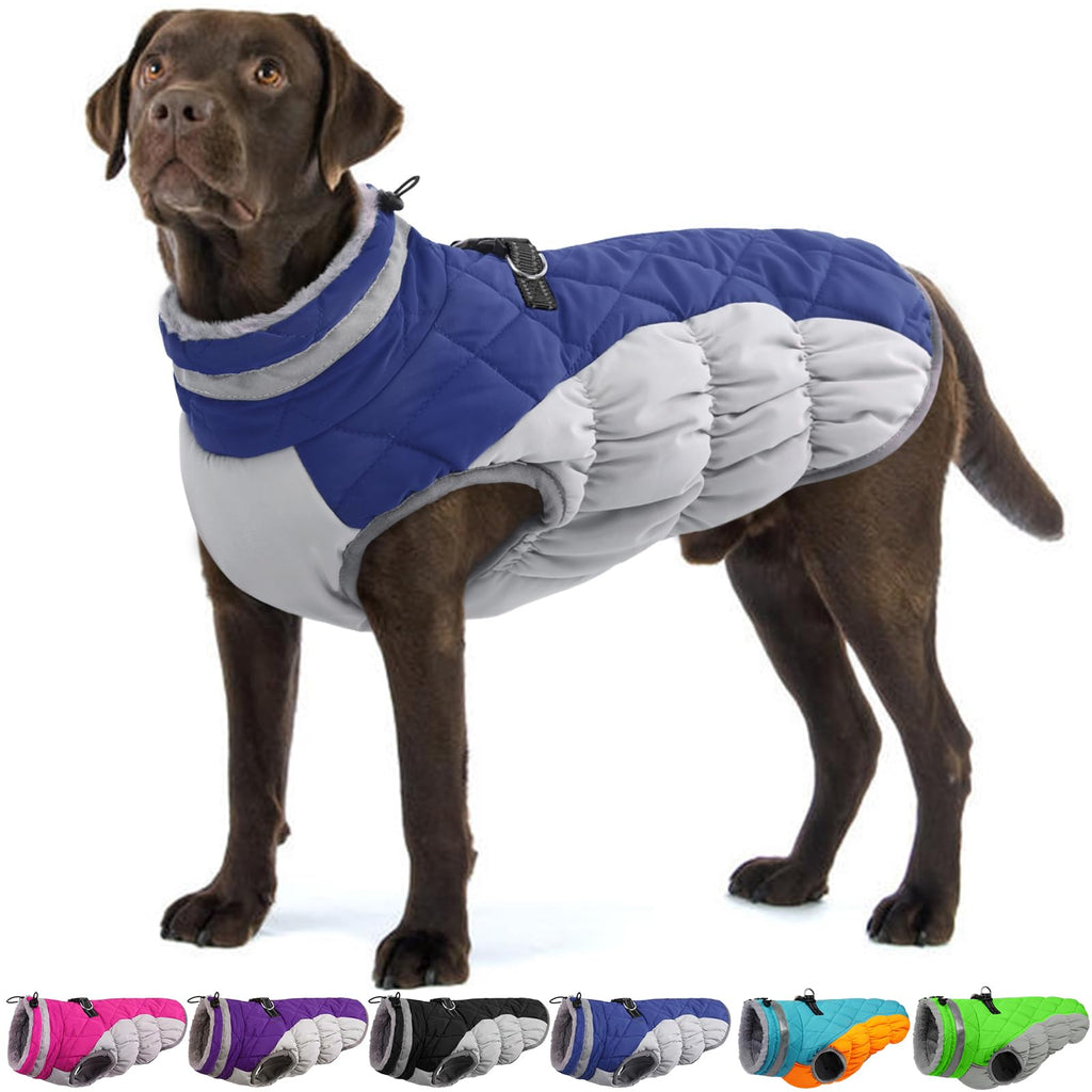 OUOBOB XL Dog Coat for Large Breeds — Waterproof Winter Jacket with D-Ring, Blue
