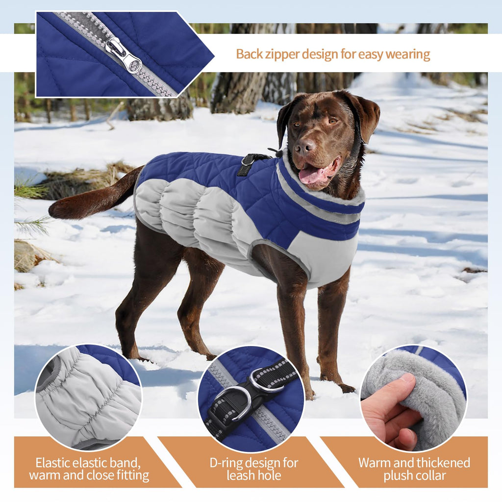 OUOBOB XL Dog Coat for Large Breeds — Waterproof Winter Jacket with D-Ring, Blue