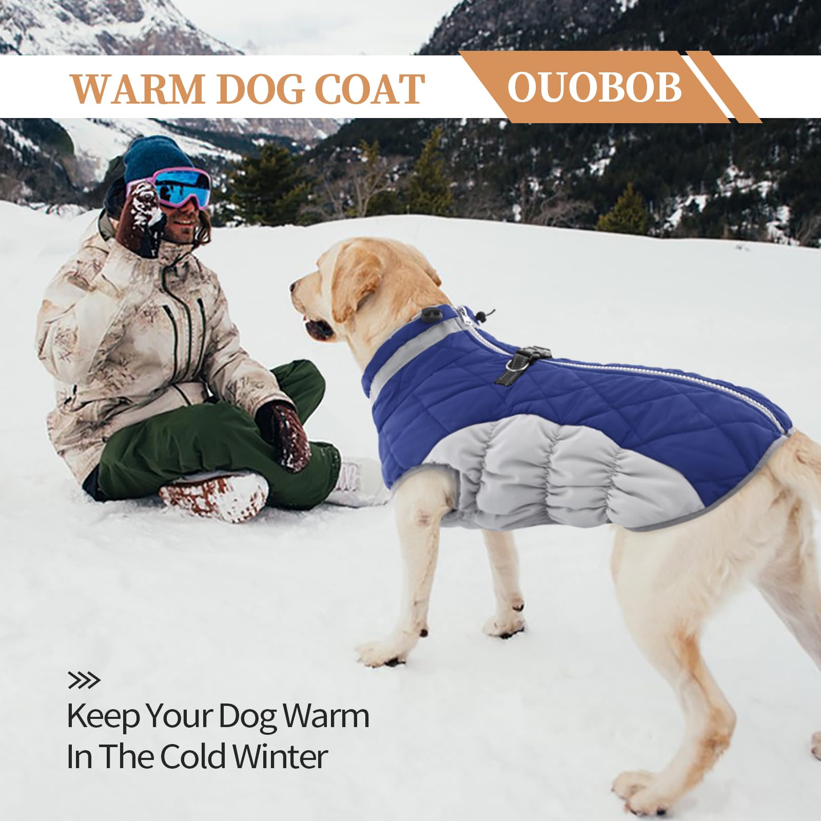 OUOBOB XL Dog Coat for Large Breeds — Waterproof Winter Jacket with D-Ring, Blue