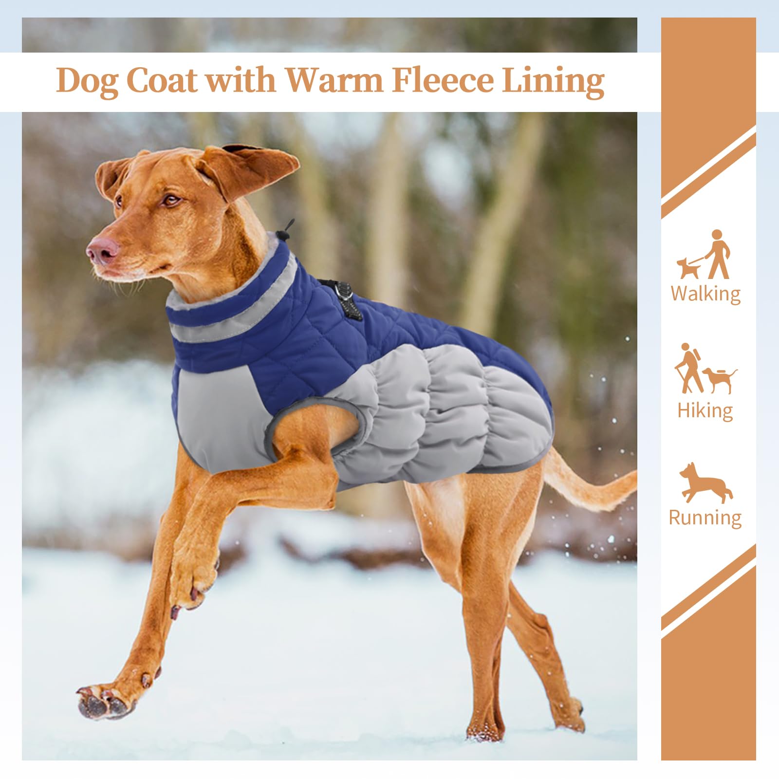 OUOBOB XL Dog Coat for Large Breeds — Waterproof Winter Jacket with D-Ring, Blue