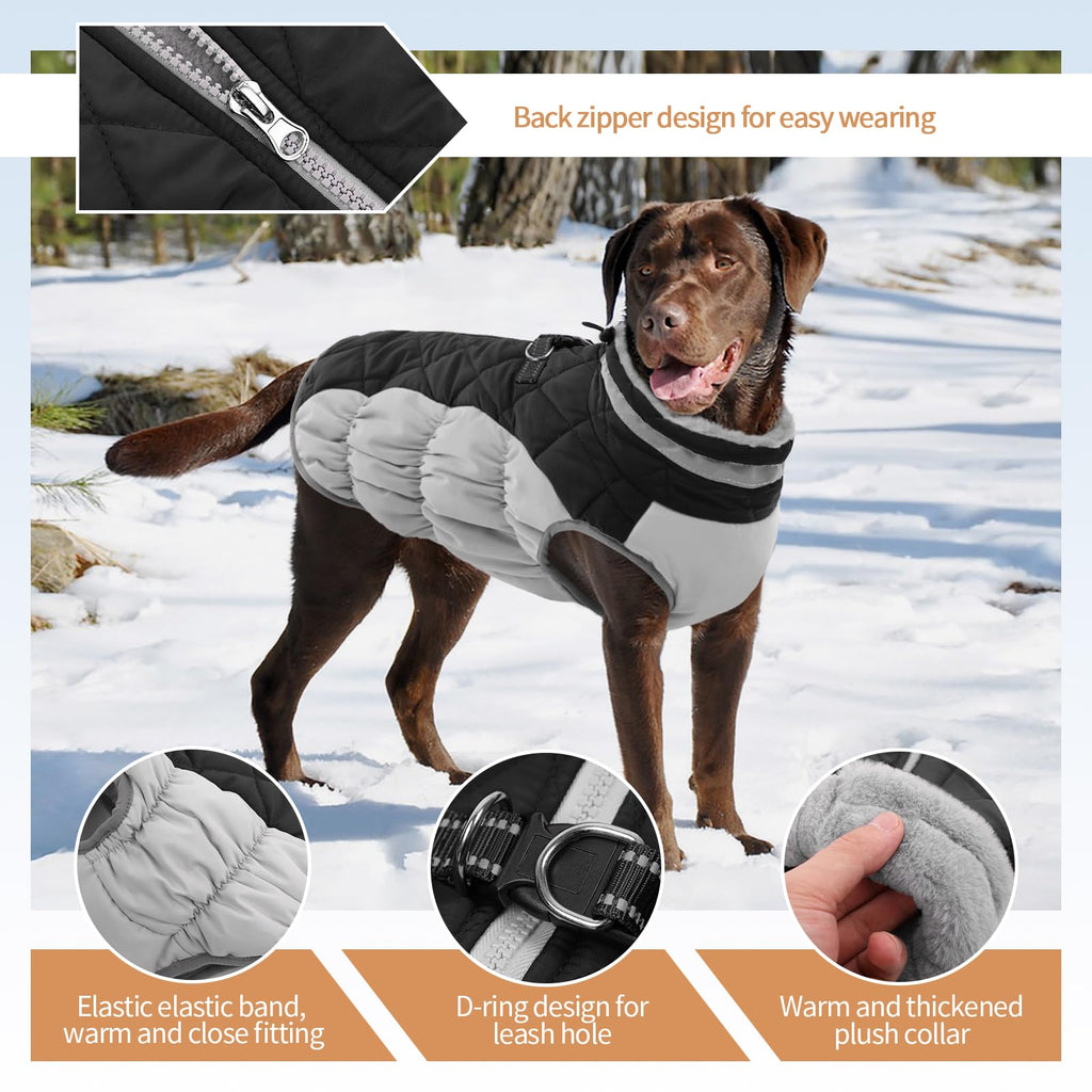 OUOBOB Winter Dog Coat – Black, Large Waterproof Jacket with Back Zipper & Harness