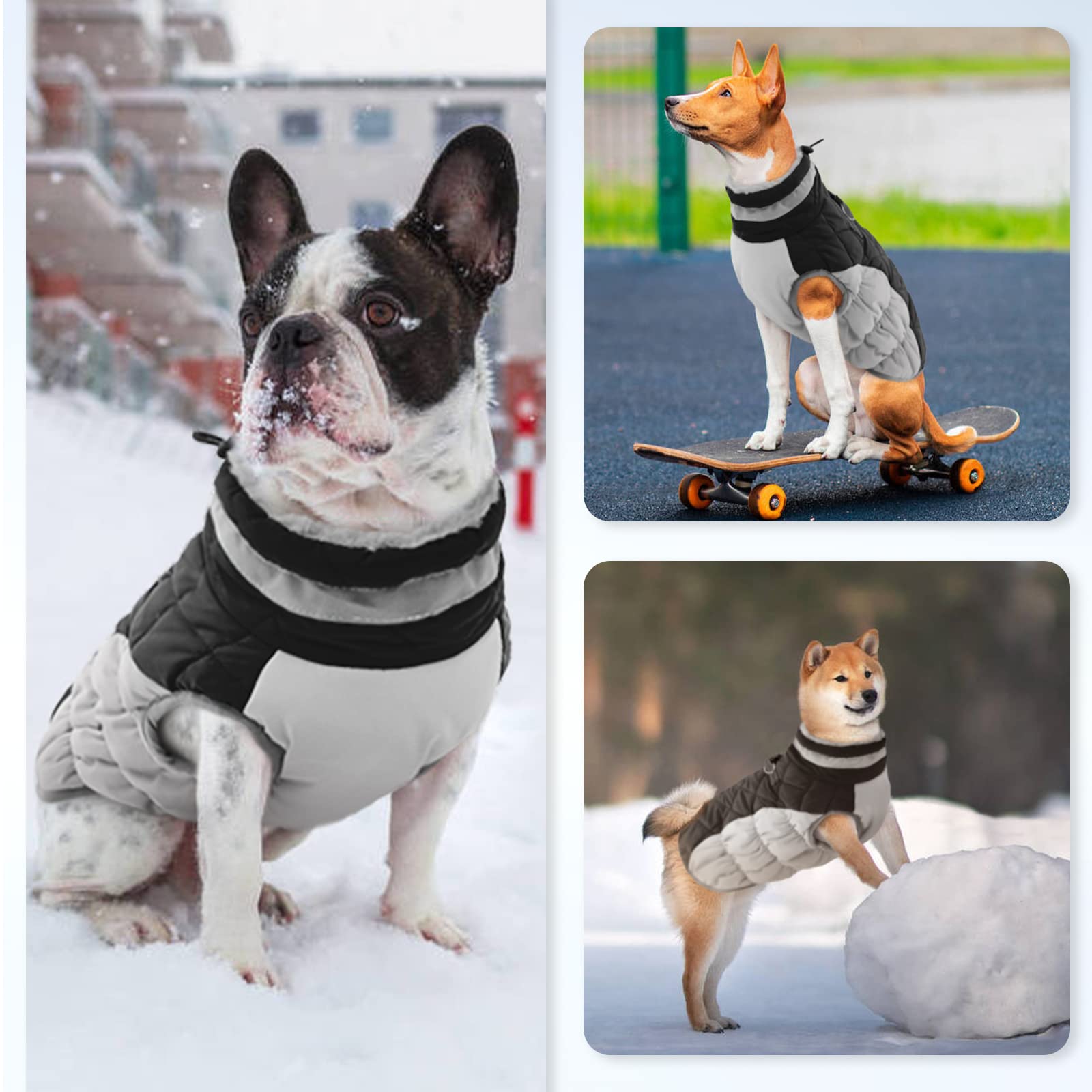 OUOBOB Winter Dog Coat – Black, Large Waterproof Jacket with Back Zipper & Harness