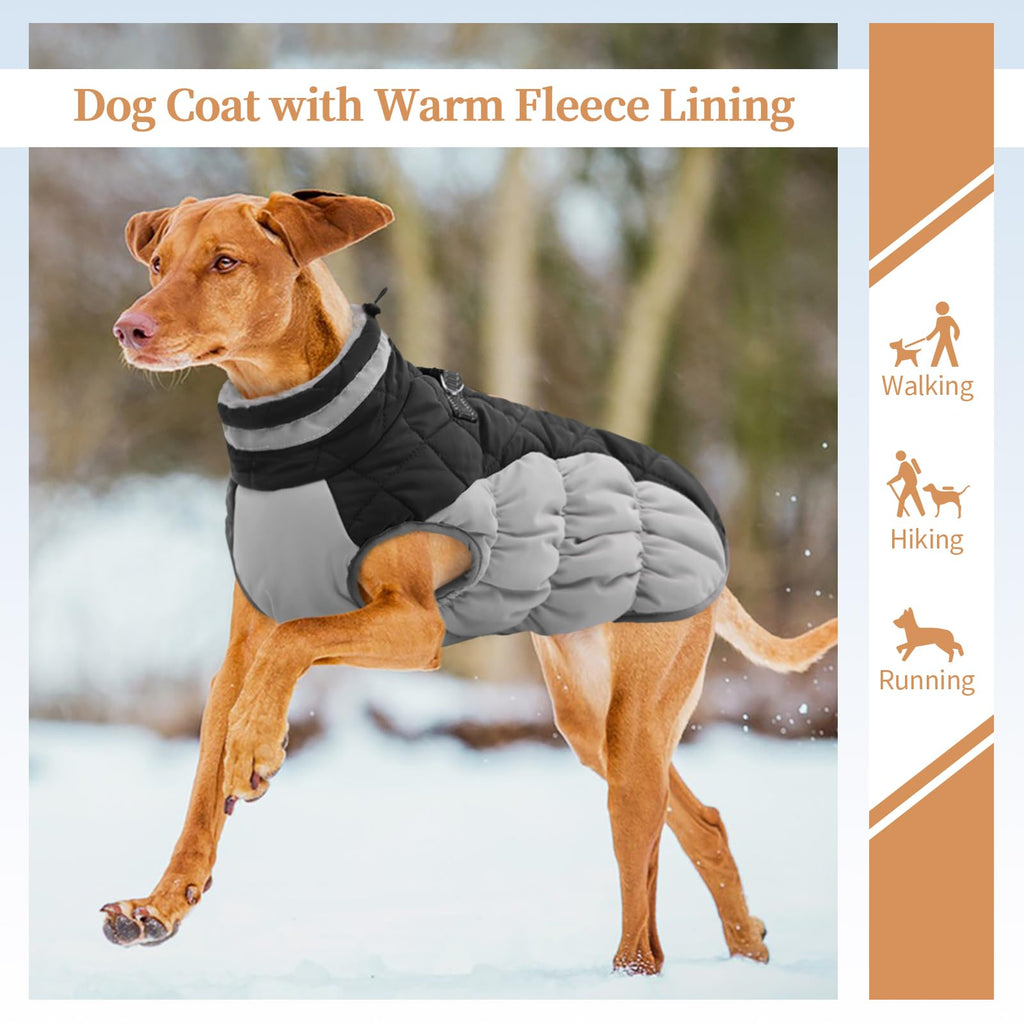 OUOBOB Winter Dog Coat – Black, Large Waterproof Jacket with Back Zipper & Harness