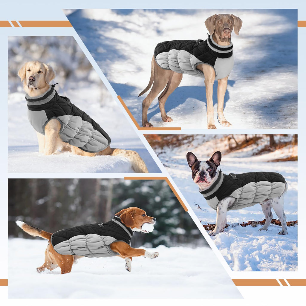 OUOBOB Winter Dog Coat – Black, Large Waterproof Jacket with Back Zipper & Harness