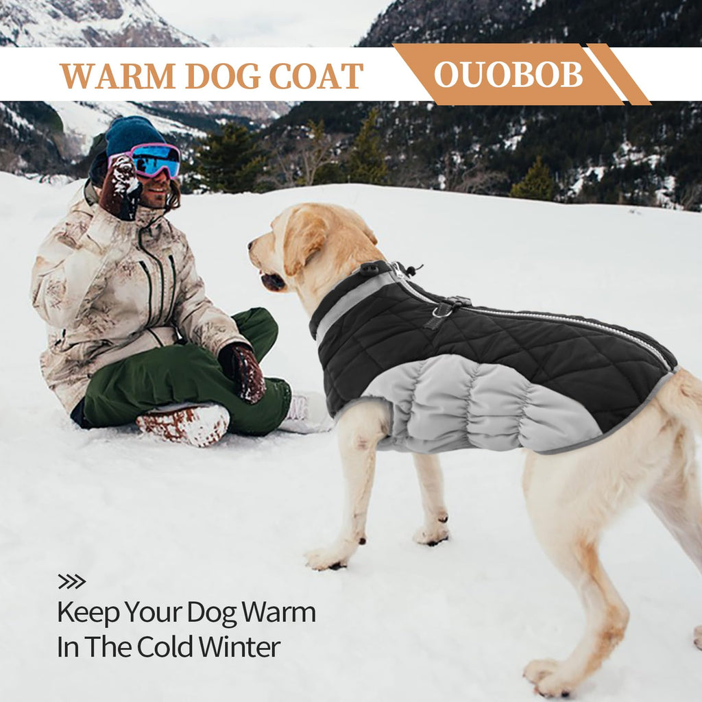 OUOBOB Winter Dog Coat – Black, Large Waterproof Jacket with Back Zipper & Harness