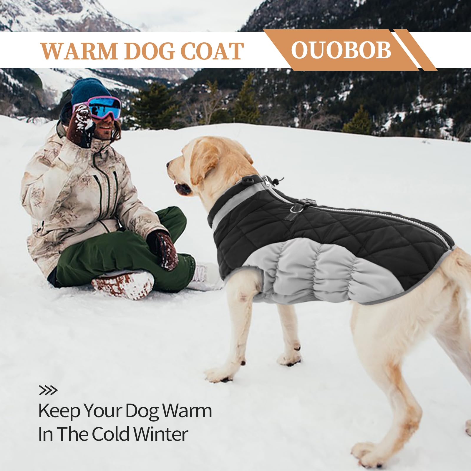 OUOBOB Winter Dog Coat – Black, Large Waterproof Jacket with Back Zipper & Harness