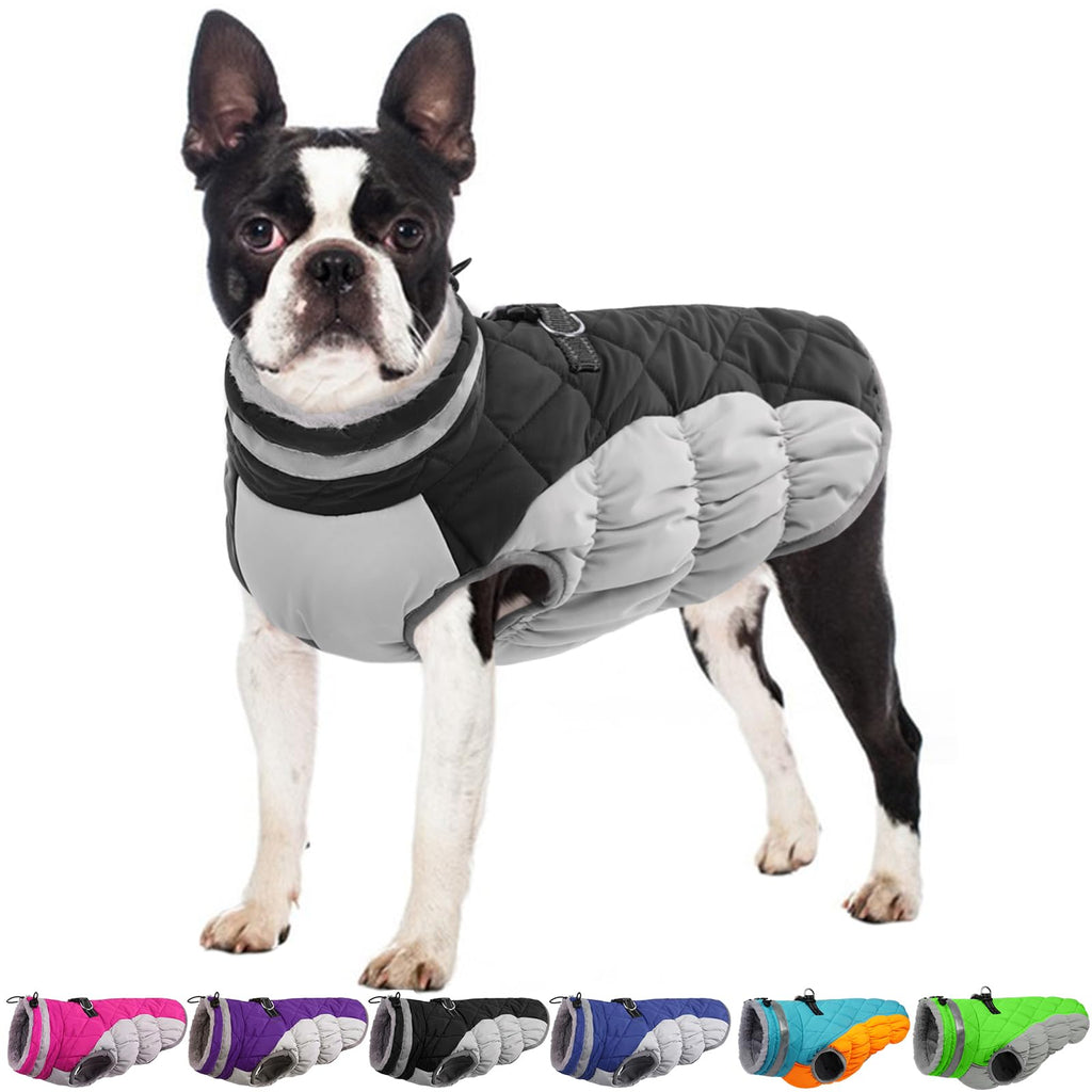 OUOBOB Winter Dog Coat – Black, Large Waterproof Jacket with Back Zipper & Harness