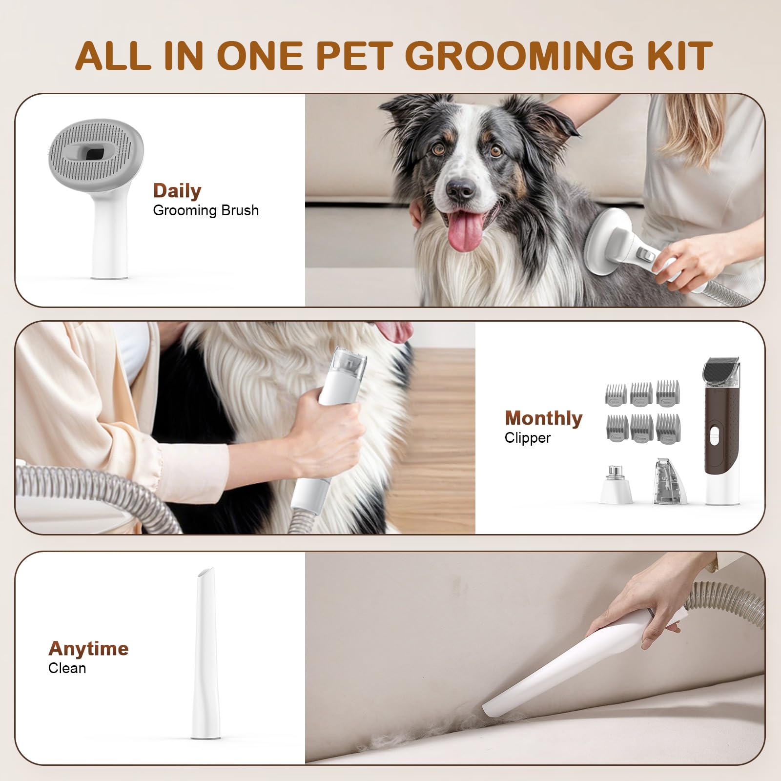 Ozumek Dog Grooming Vacuum Kit – 6 Tools, Quiet & Powerful Grooming