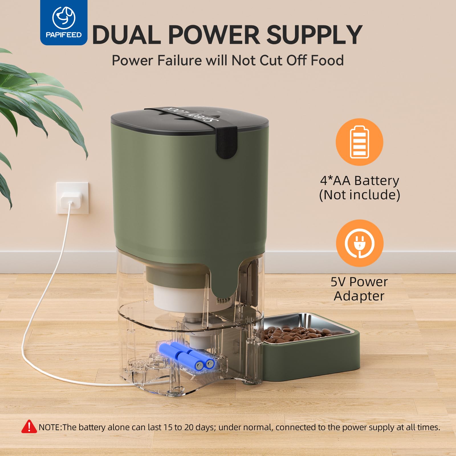 PAPIFEED Automatic Cat Feeder Upgrade — WiFi App Control, Dual Power, 1–12 Meals/Day (Greener)