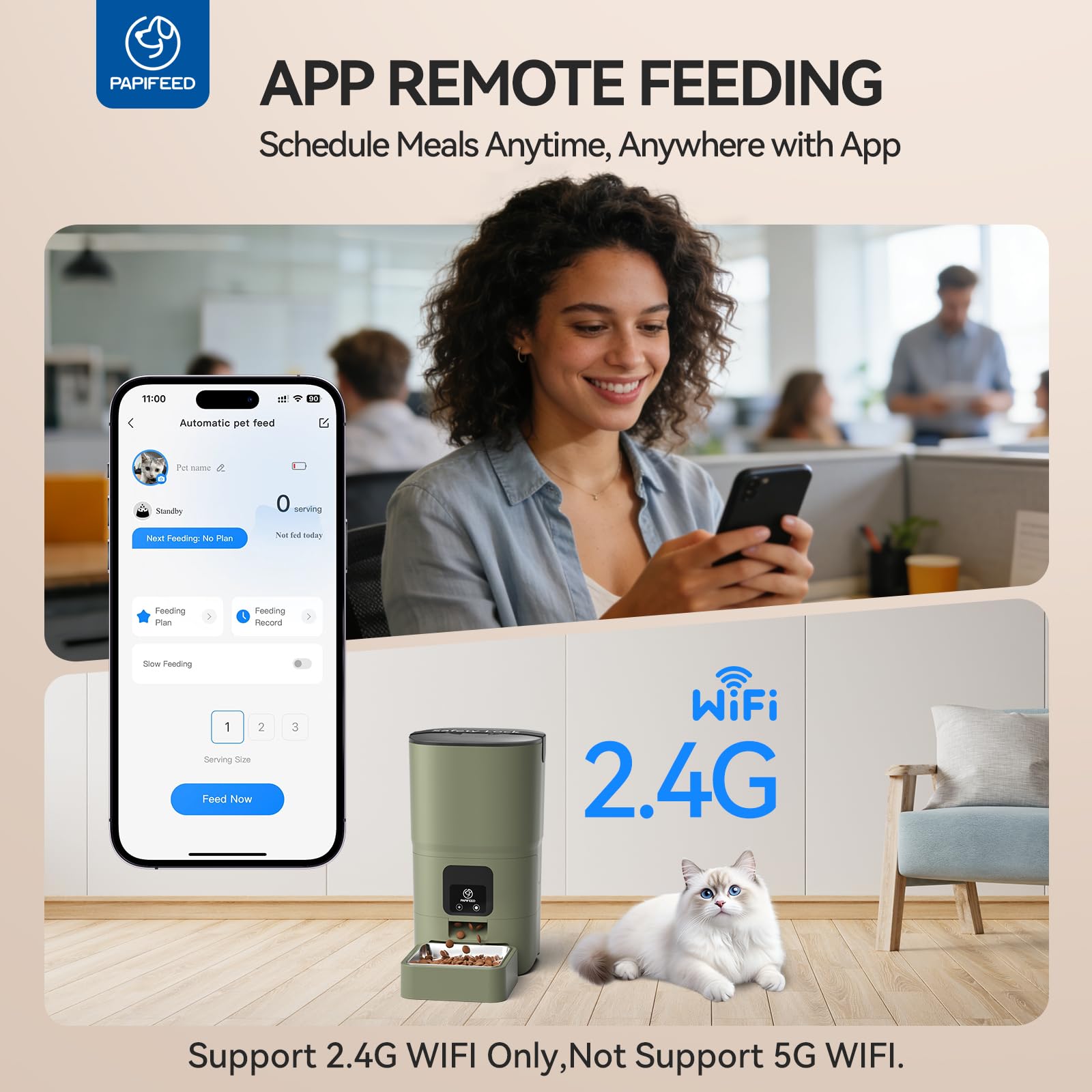 PAPIFEED Automatic Cat Feeder Upgrade — WiFi App Control, Dual Power, 1–12 Meals/Day (Greener)