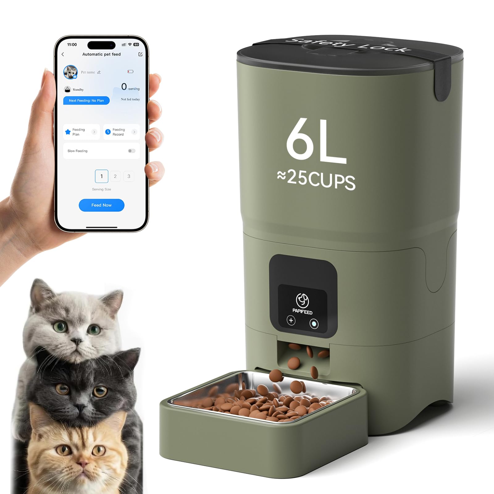 PAPIFEED Automatic Cat Feeder Upgrade — WiFi App Control, Dual Power, 1–12 Meals/Day (Greener)