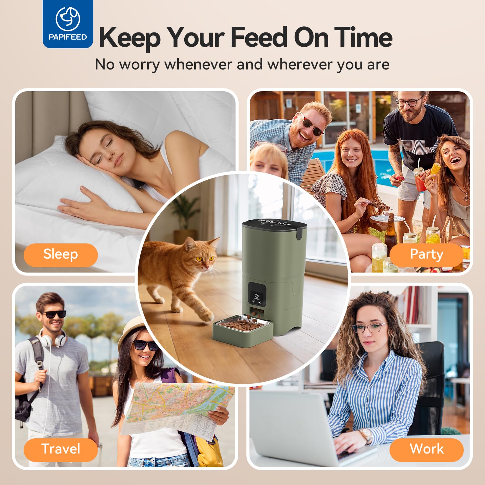 PAPIFEED Automatic Cat Feeder Upgrade — WiFi App Control, Dual Power, 1–12 Meals/Day (Greener)