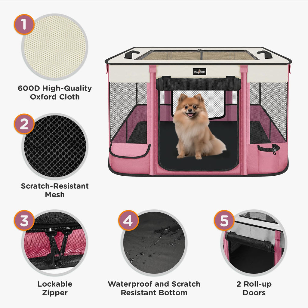 PAW BALLET Foldable Pet Playpen for Cats & Small Dogs – Portable, Waterproof, Pink