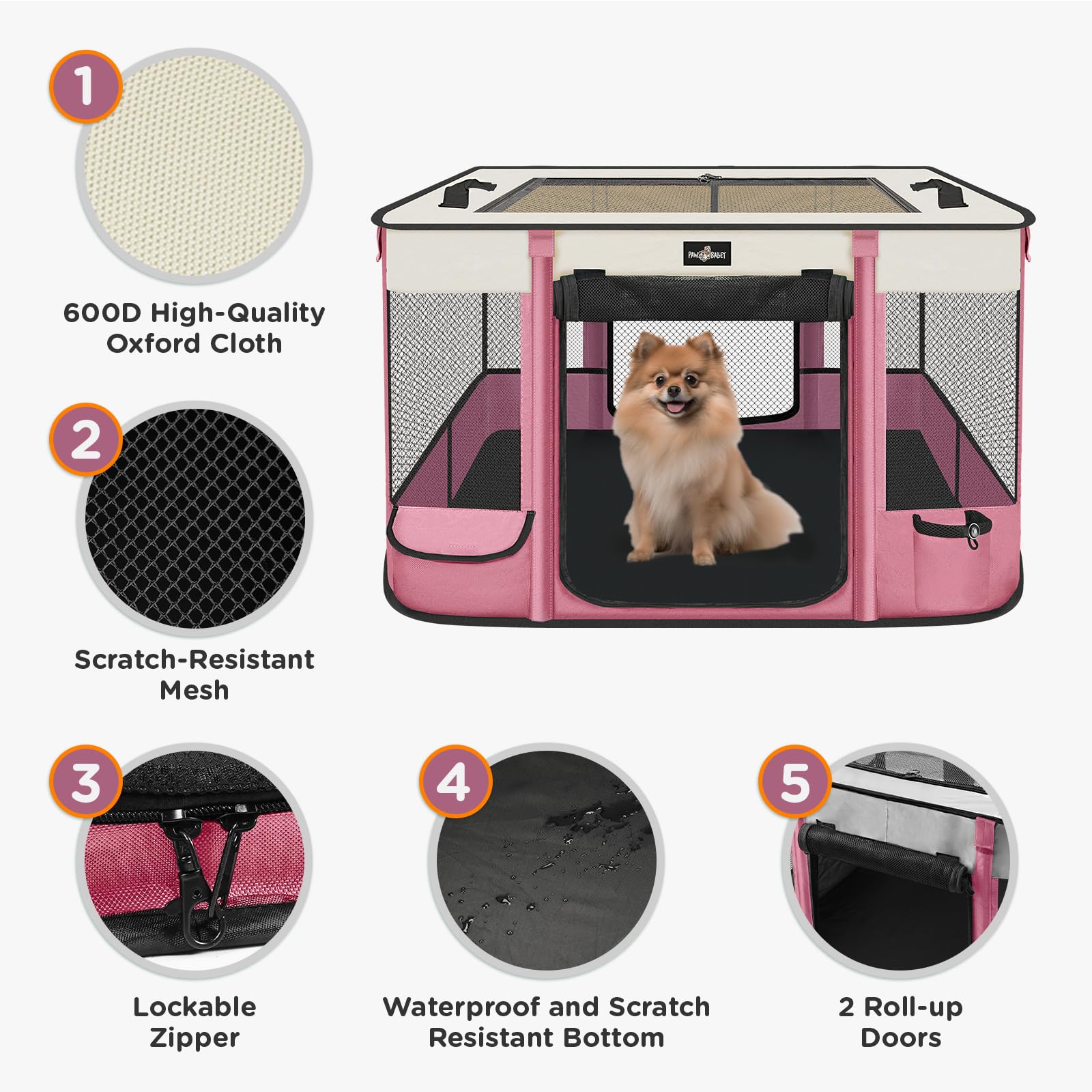 PAW BALLET Foldable Pet Playpen for Cats & Small Dogs – Portable, Waterproof, Pink