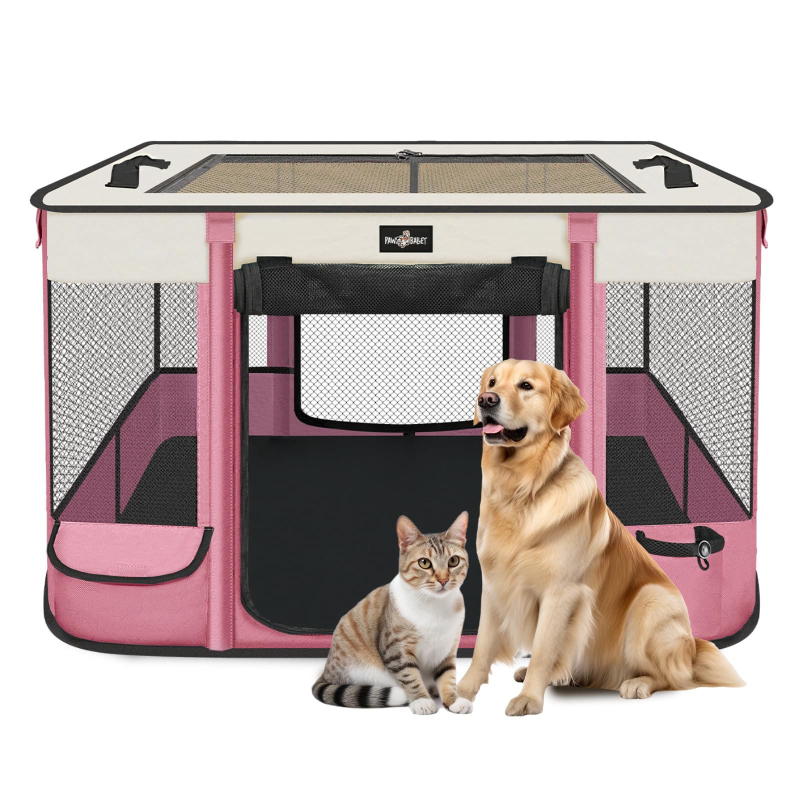 PAW BALLET Foldable Pet Playpen for Cats & Small Dogs – Portable, Waterproof, Pink