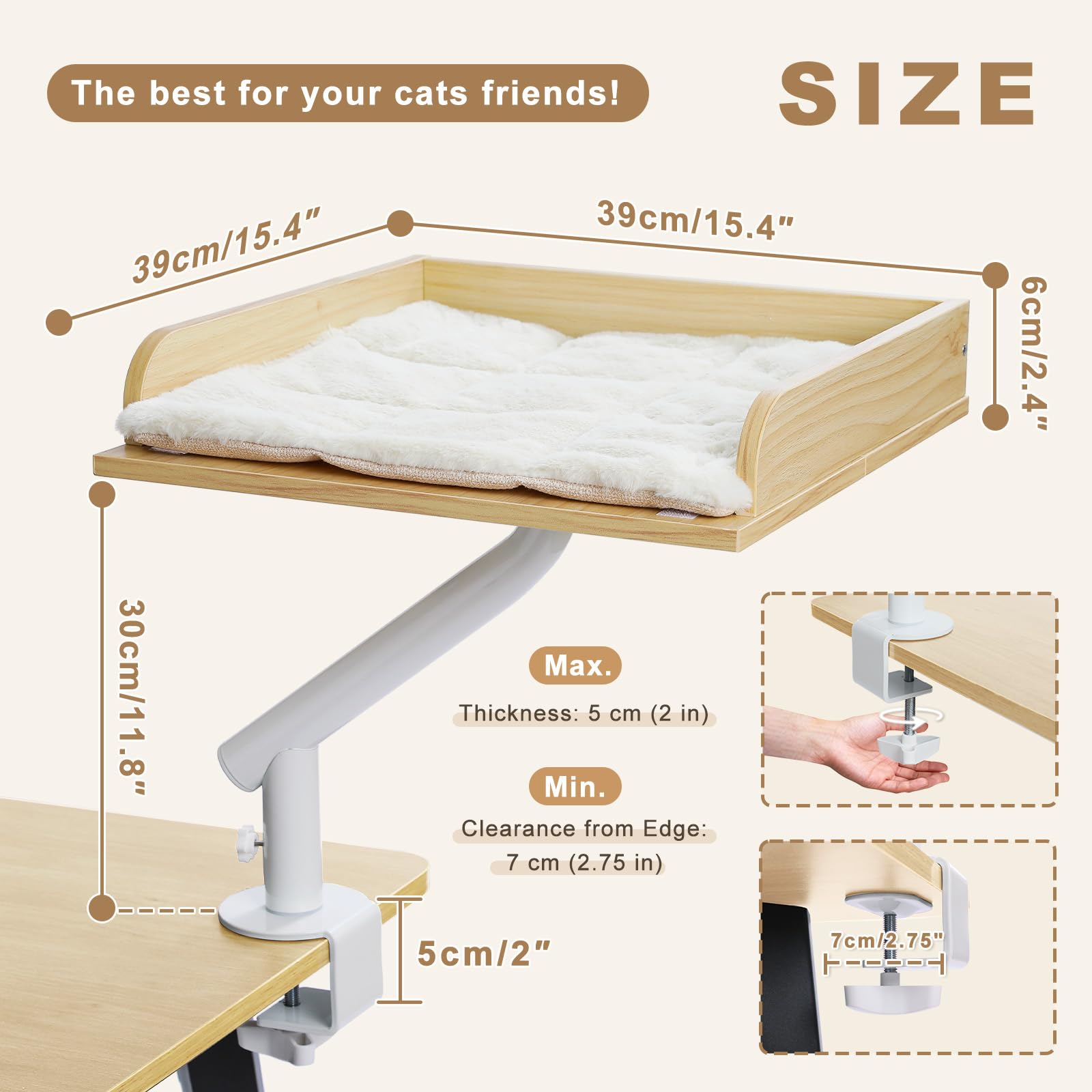 PAWZ Road Cat Desk Bed — Wooden Desk Hammock with 360° Rotation, 50 lb Support, Beige