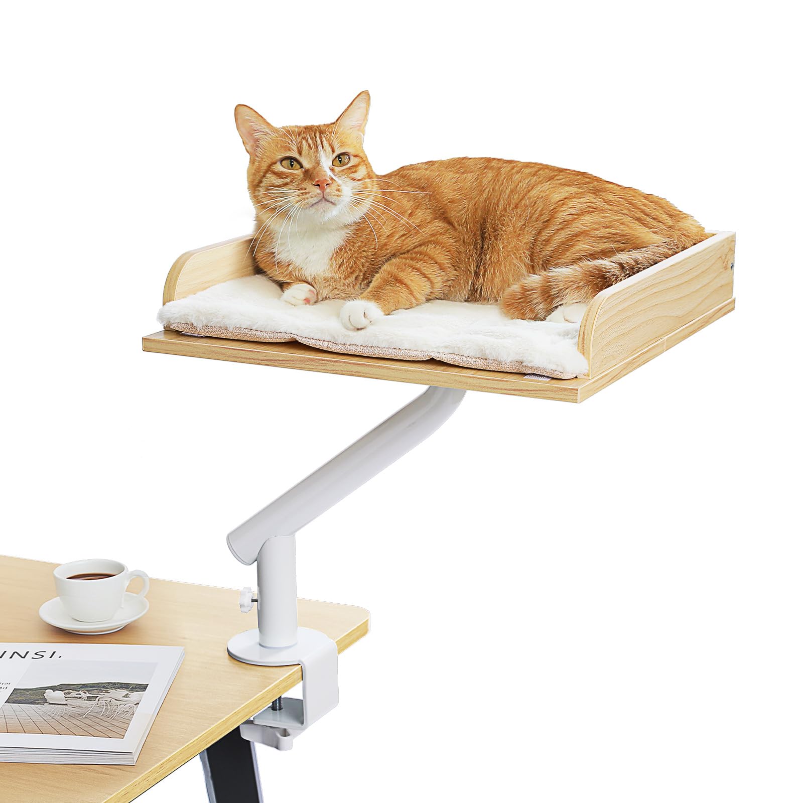 PAWZ Road Cat Desk Bed — Wooden Desk Hammock with 360° Rotation, 50 lb Support, Beige
