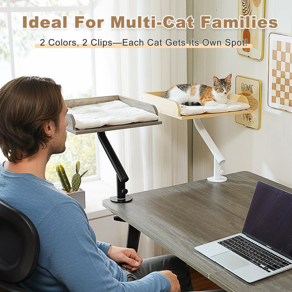 PAWZ Road Cat Desk Bed — Wooden Desk Hammock with 360° Rotation, 50 lb Support, Beige