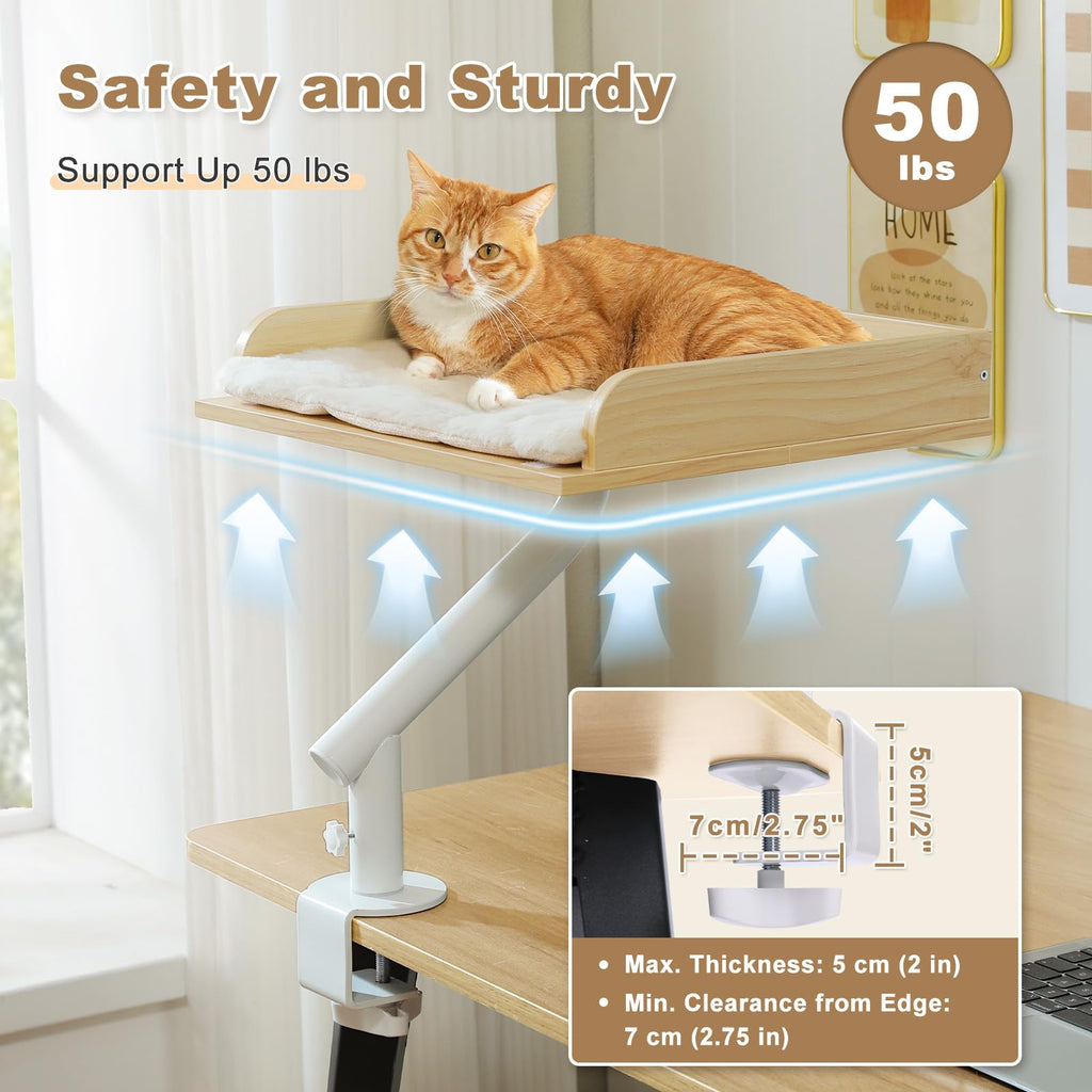 PAWZ Road Cat Desk Bed — Wooden Desk Hammock with 360° Rotation, 50 lb Support, Beige