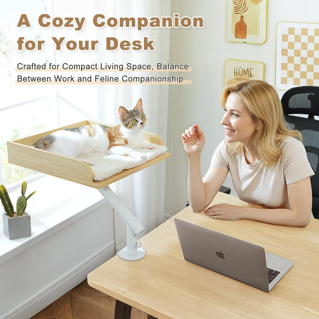 PAWZ Road Cat Desk Bed — Wooden Desk Hammock with 360° Rotation, 50 lb Support, Beige