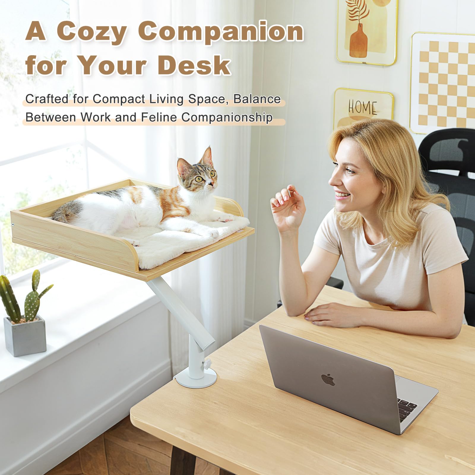 PAWZ Road Cat Desk Bed — Wooden Desk Hammock with 360° Rotation, 50 lb Support, Beige