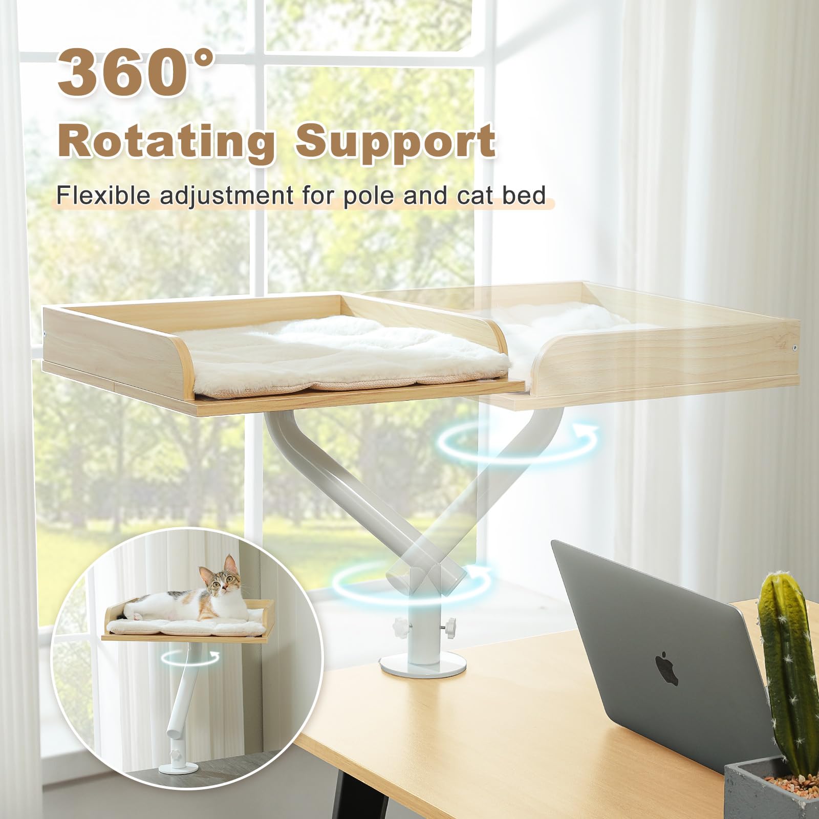 PAWZ Road Cat Desk Bed — Wooden Desk Hammock with 360° Rotation, 50 lb Support, Beige