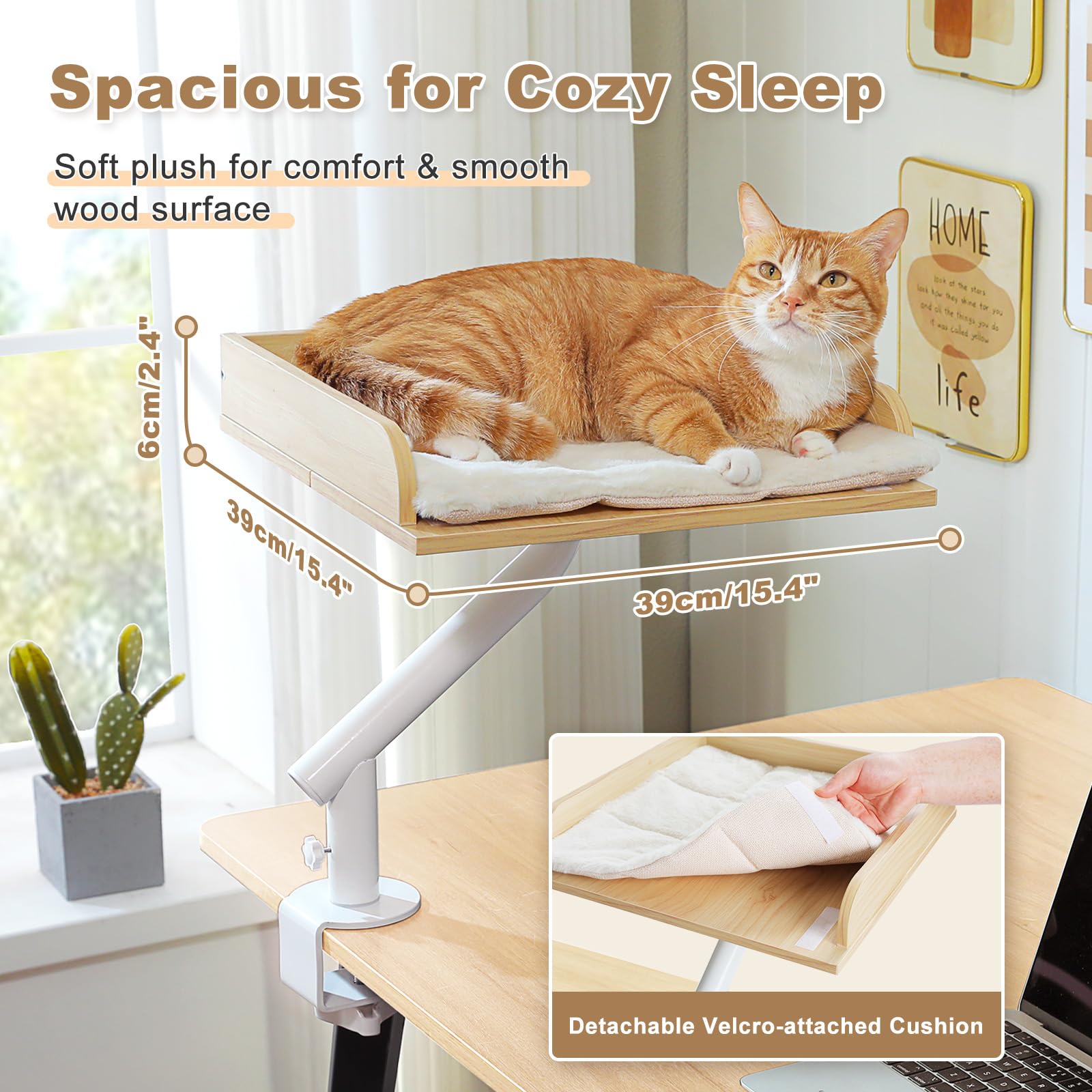 PAWZ Road Cat Desk Bed — Wooden Desk Hammock with 360° Rotation, 50 lb Support, Beige
