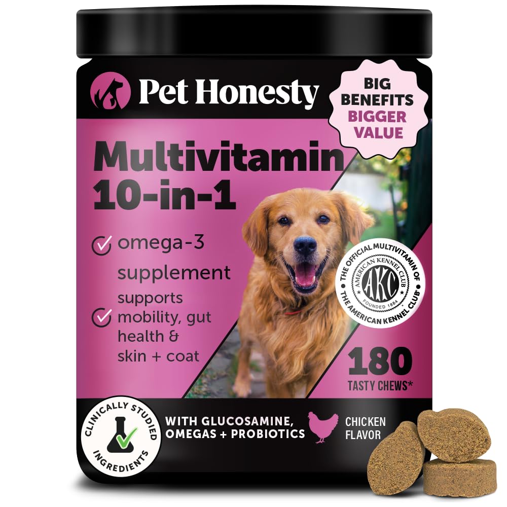 Pet Honesty Dog Multivitamin 10-in-1 – 180 Count with Omega-3, Probiotics & Glucosamine