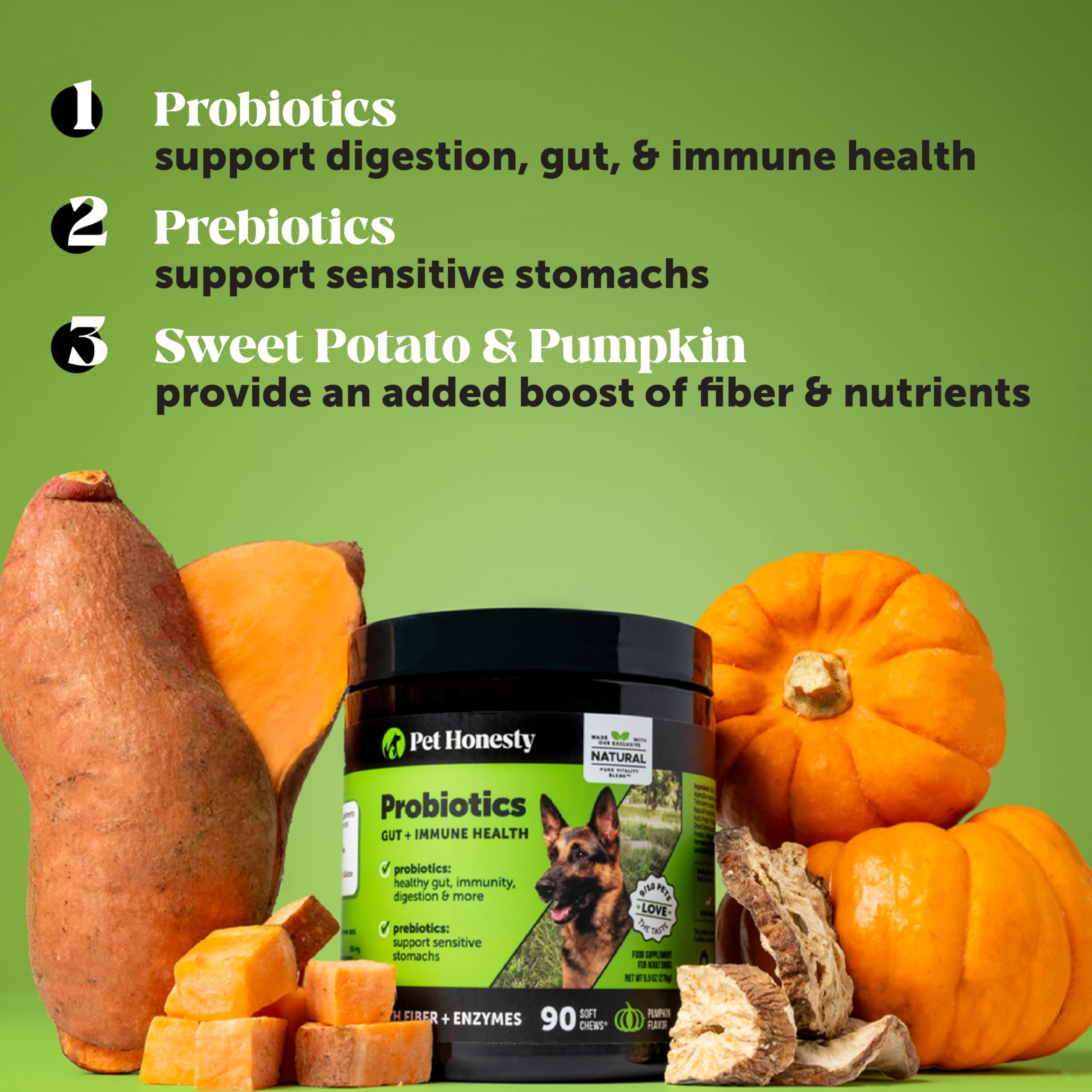 Pet Honesty Probiotics for Dogs – Digestive Enzymes, Gut Health & Immune Support (Pumpkin, 180 ct)