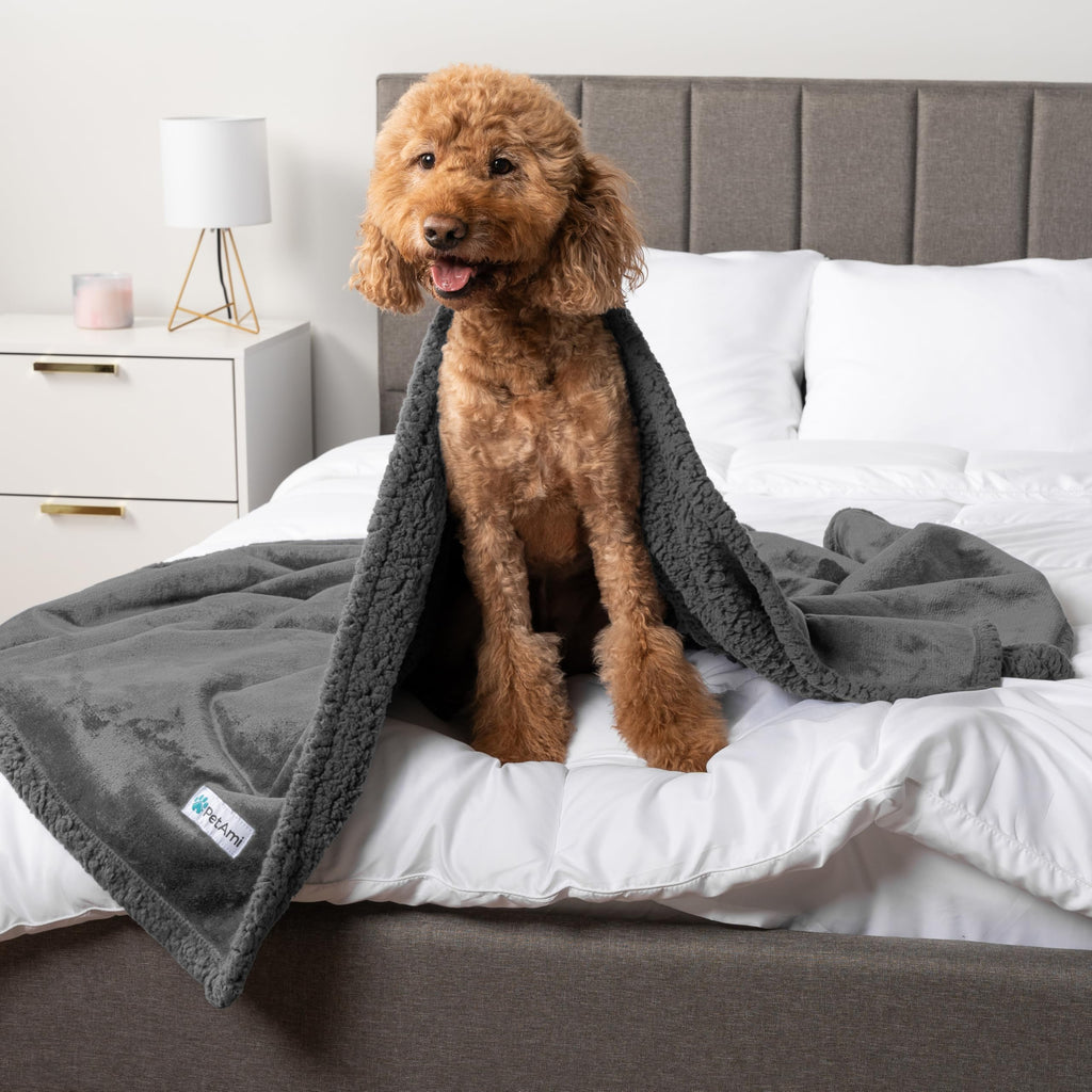 PetAmi Waterproof Dog Blanket 90x90 Gray | Couch Protection, Sherpa Fleece, Reversible & Washable