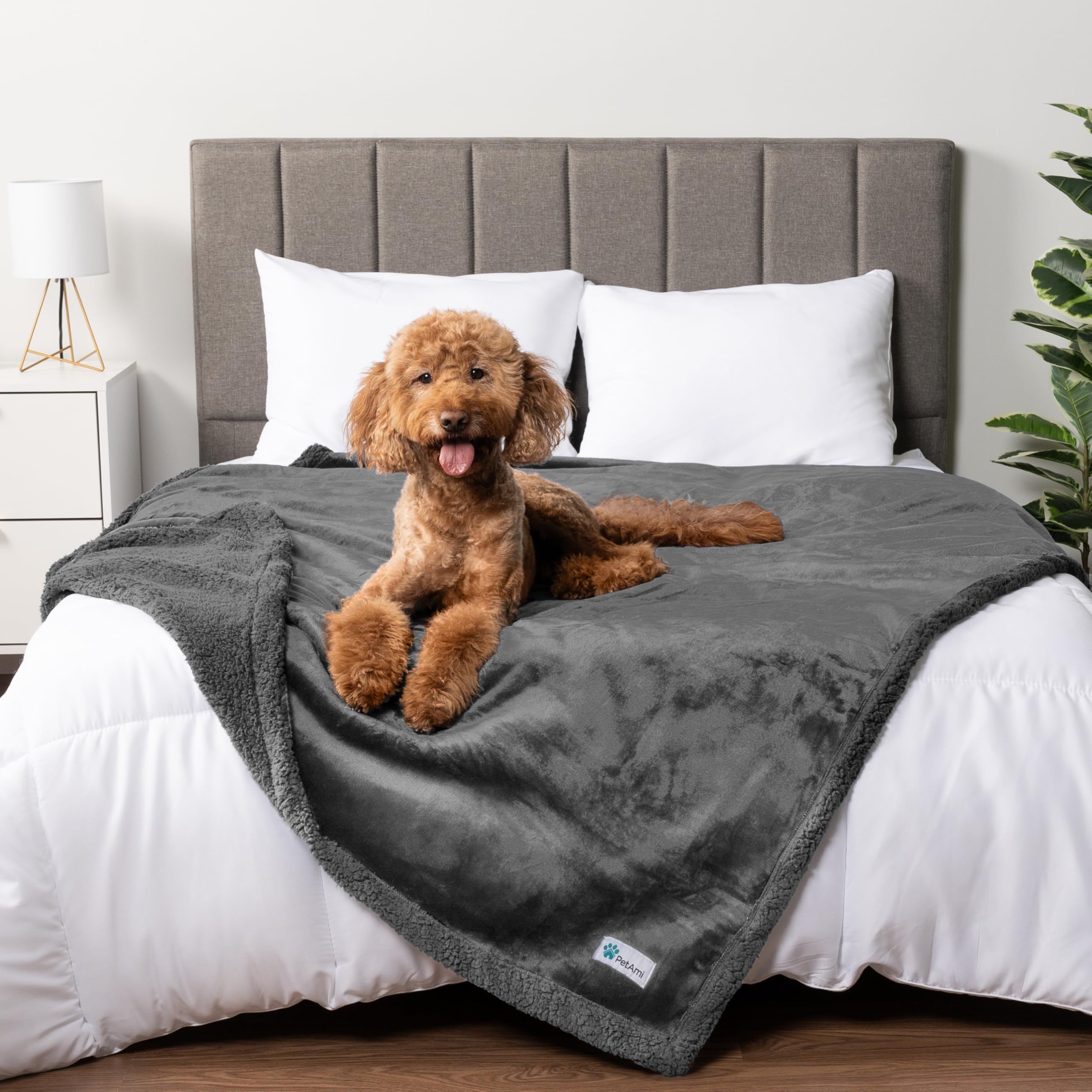 PetAmi Waterproof Dog Blanket 90x90 Gray | Couch Protection, Sherpa Fleece, Reversible & Washable