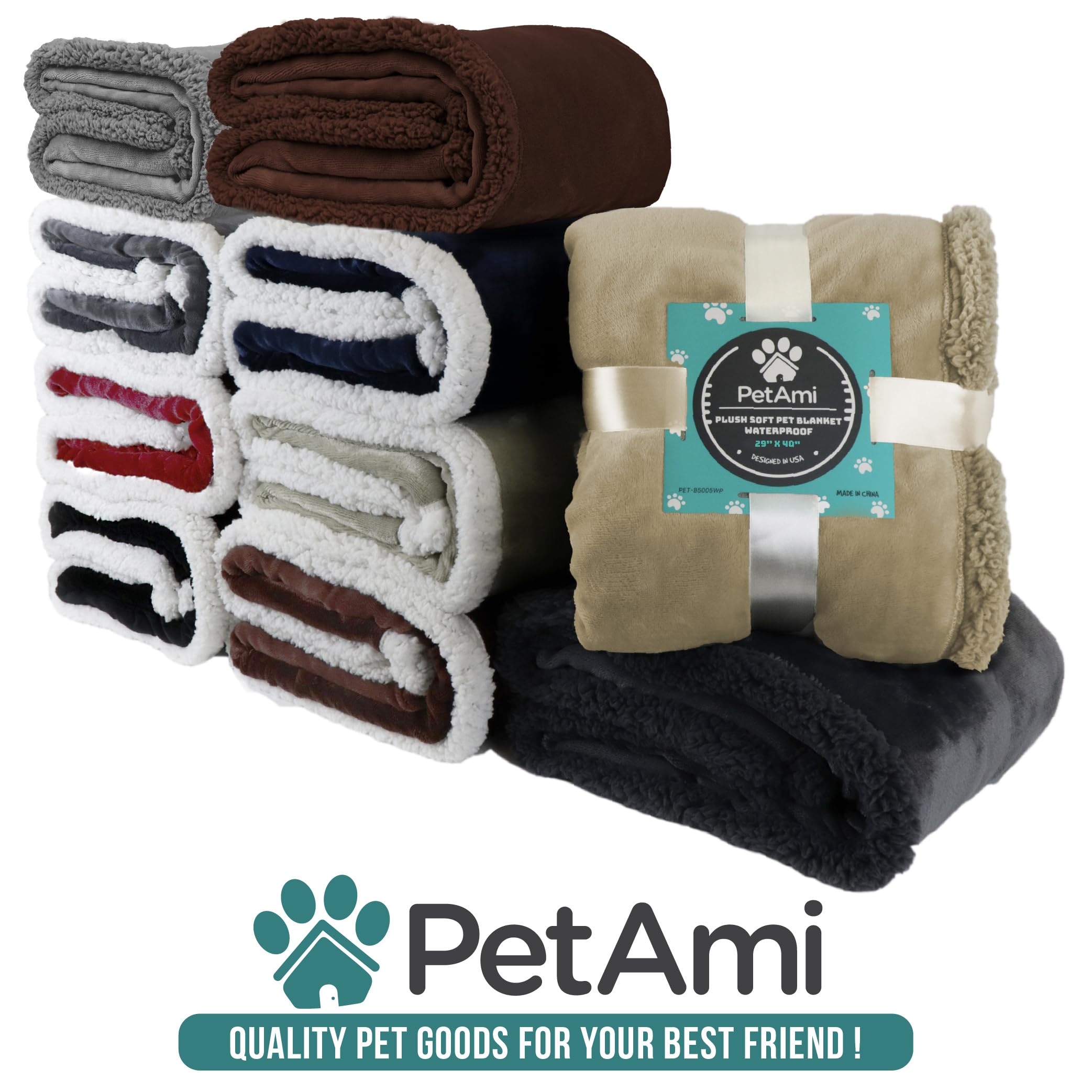 PetAmi Waterproof Dog Blanket 90x90 Gray | Couch Protection, Sherpa Fleece, Reversible & Washable