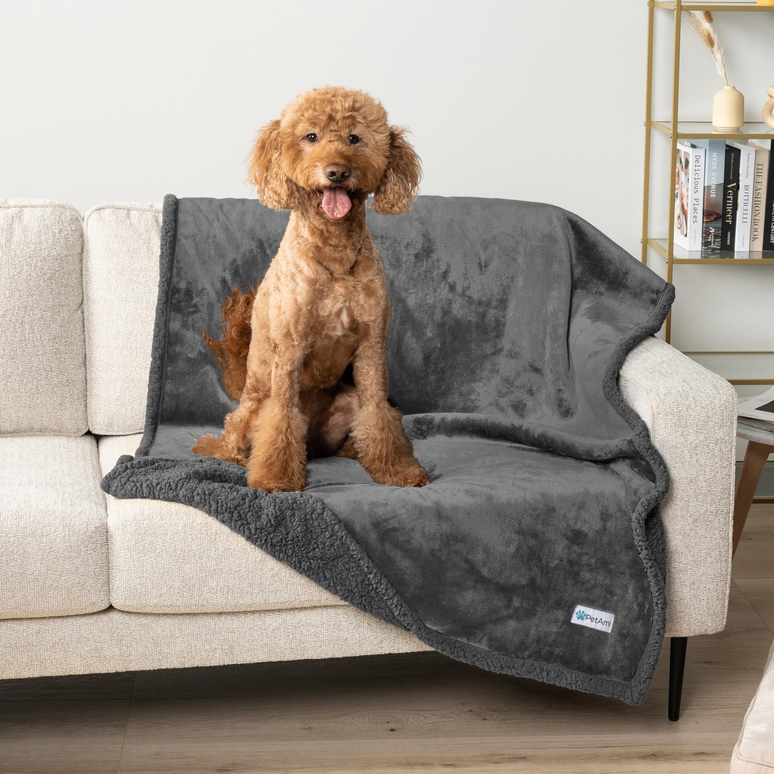 PetAmi Waterproof Dog Blanket 90x90 Gray | Couch Protection, Sherpa Fleece, Reversible & Washable