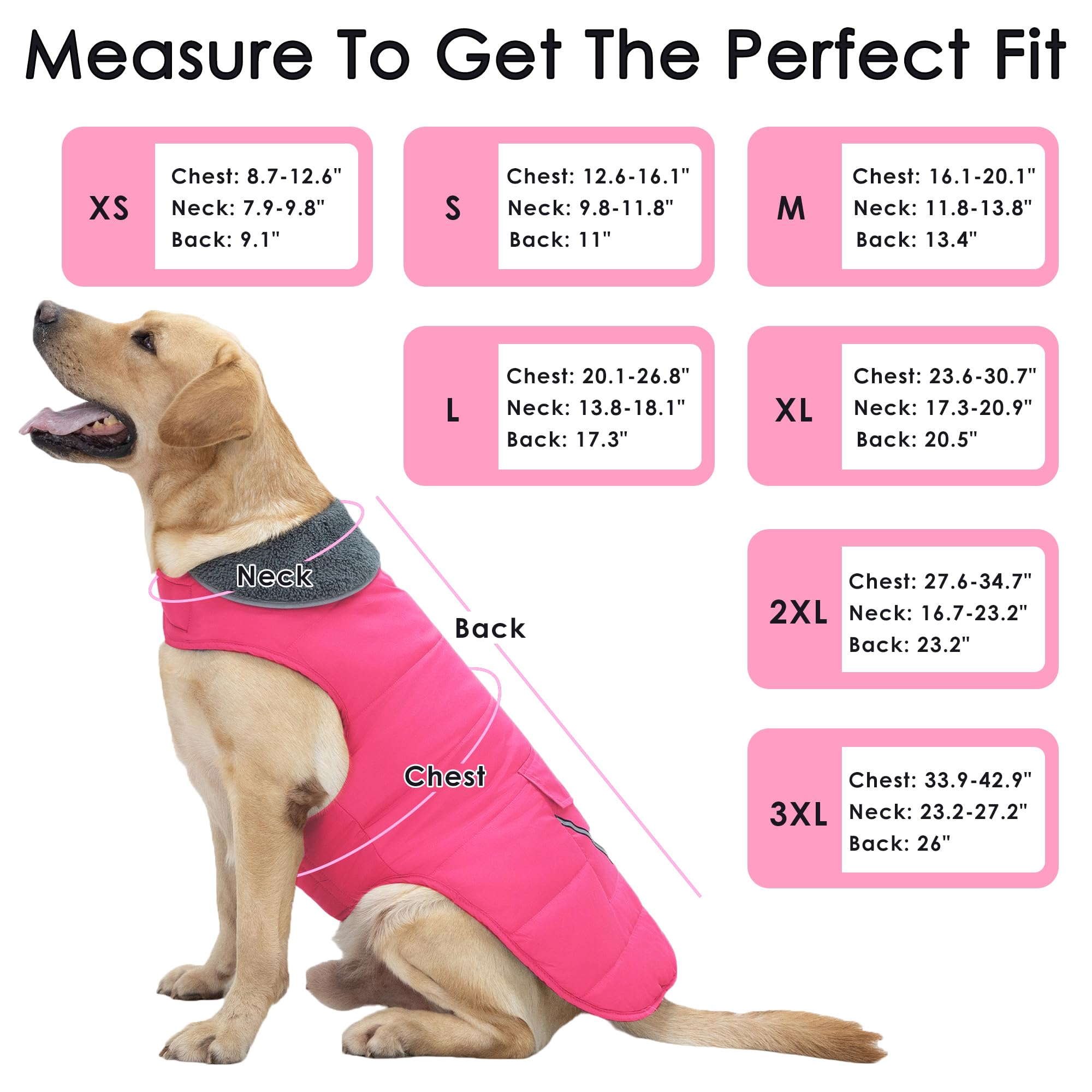 Petglad Waterproof Dog Coat - Winter Jacket with Pocket & Reflective Stripes (Pink, XL)
