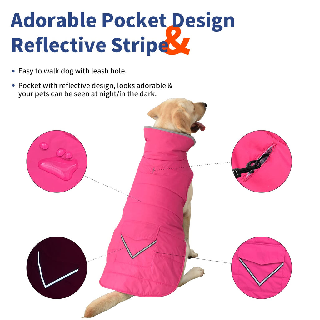 Petglad Waterproof Dog Coat - Winter Jacket with Pocket & Reflective Stripes (Pink, XL)