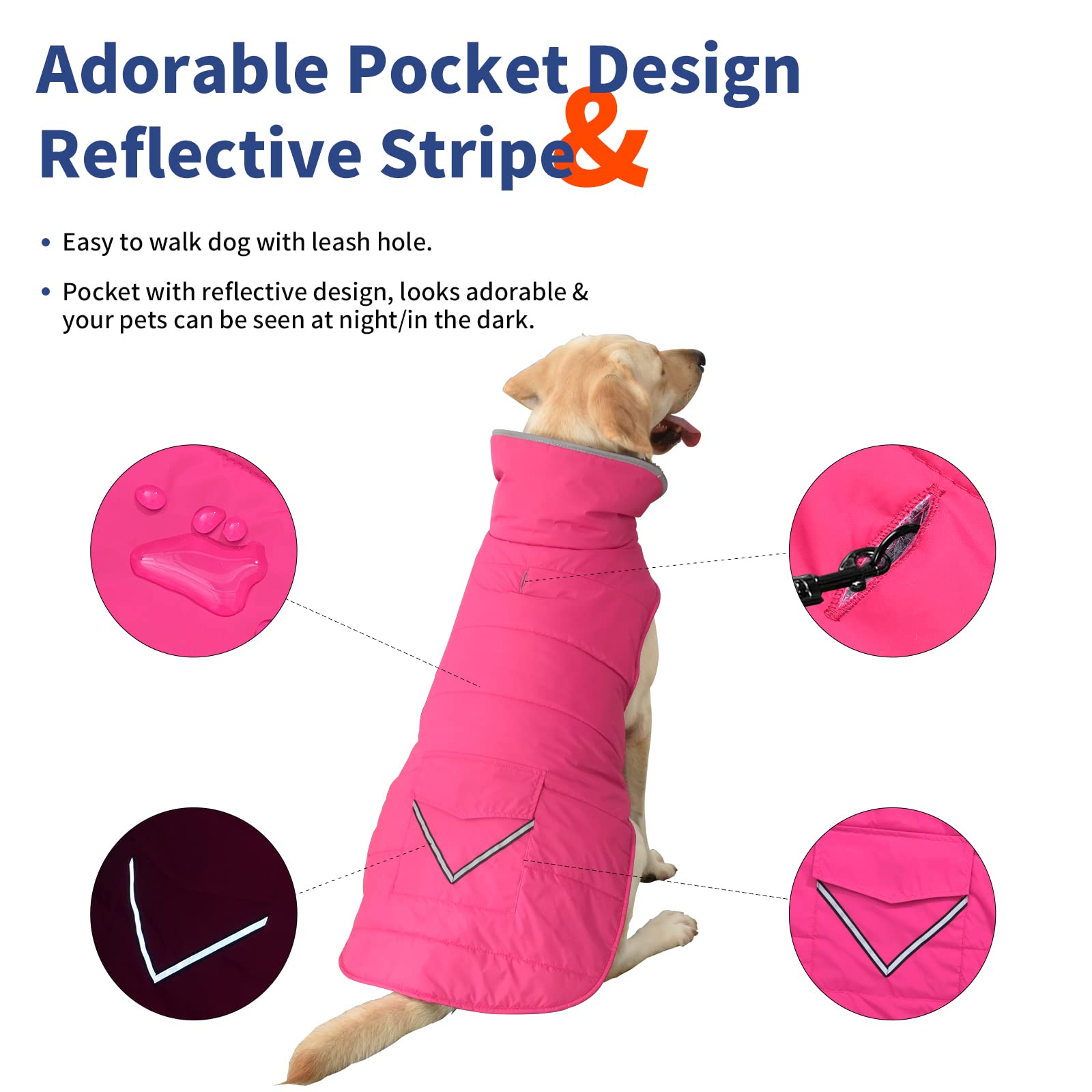 Petglad Waterproof Dog Coat - Winter Jacket with Pocket & Reflective Stripes (Pink, XL)