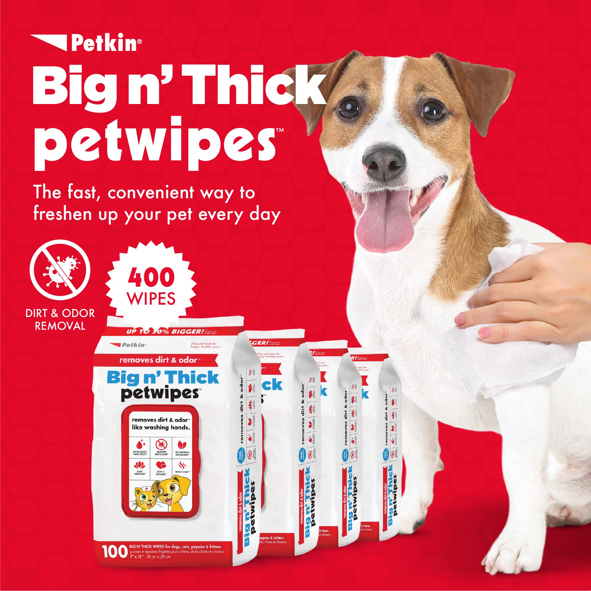 Petkin Pet Wipes for Dogs and Cats – 400 Large Wipes (4 Packs) – Gentle, Non-Rinse Cleaning