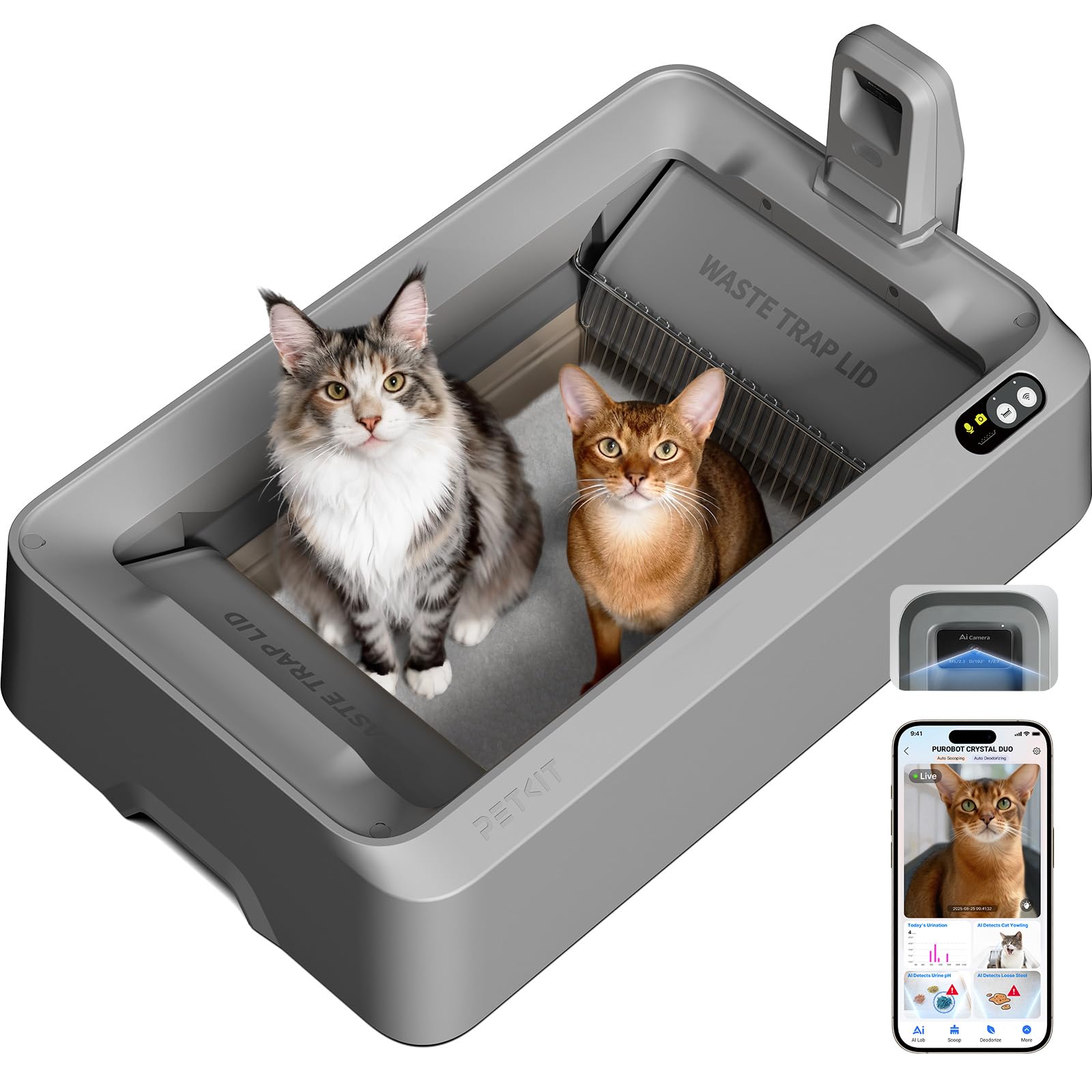PETKIT Open-Top AI Camera Self-Cleaning Cat Litter Box | Urinary Health Monitor, 2-Way Raking, 5G WiFi (Grey)