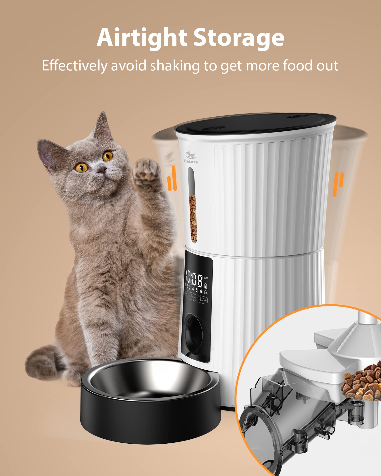 Petory Timed Automatic Cat Feeder – 4L, 6 Meals, Dual Power, 10S Voice Recorder