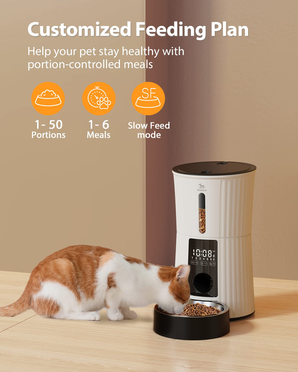 Petory Timed Automatic Cat Feeder – 4L, 6 Meals, Dual Power, 10S Voice Recorder