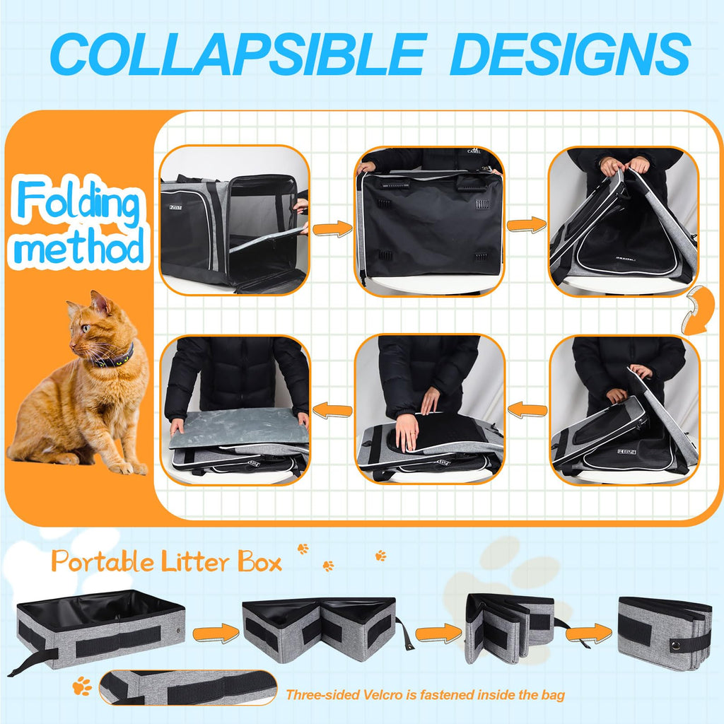 Petskd Extra Large Cat Carrier with Litter Box – 24x17x17 in Grey | Safe Car Travel