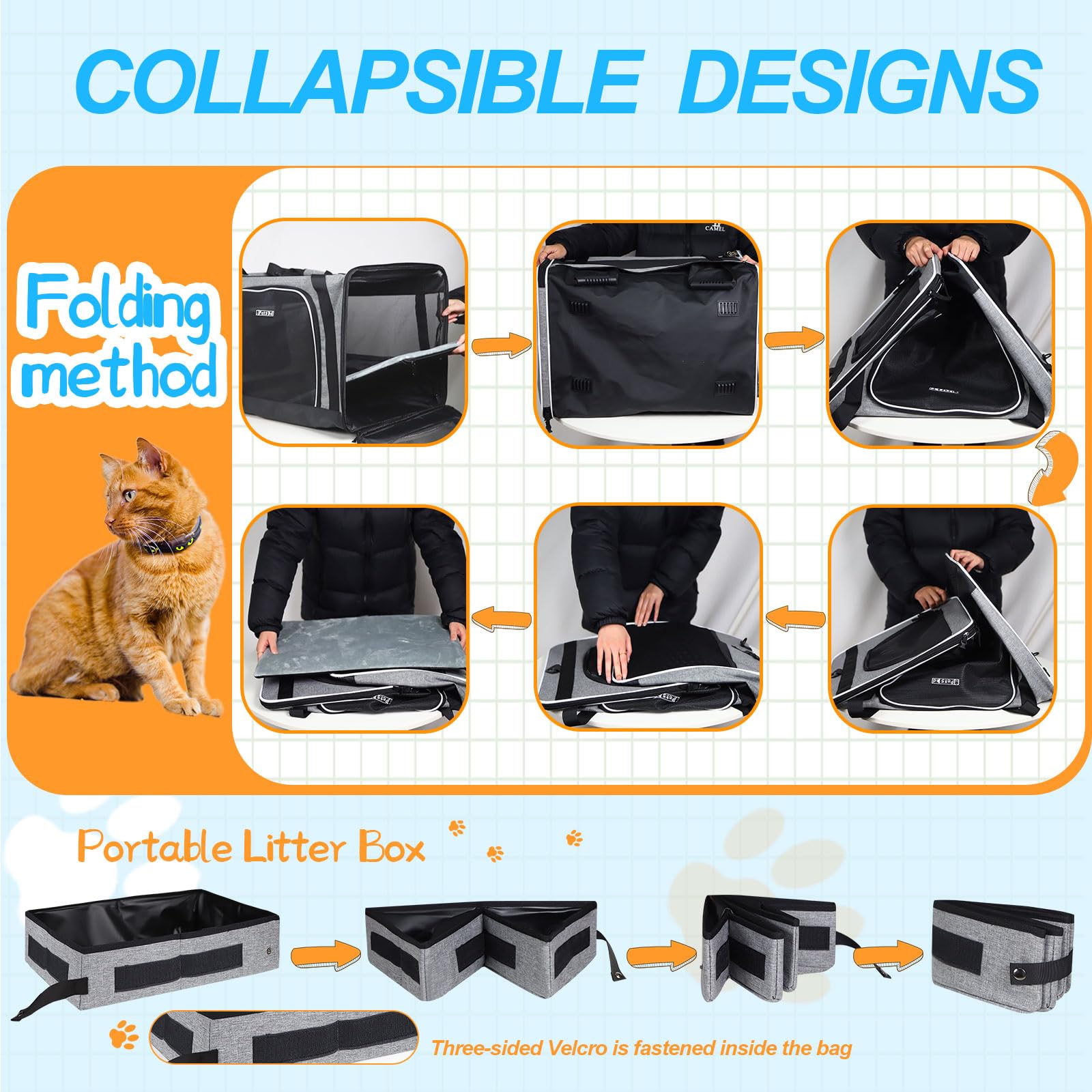 Petskd Extra Large Cat Carrier with Litter Box – 24x17x17 in Grey | Safe Car Travel