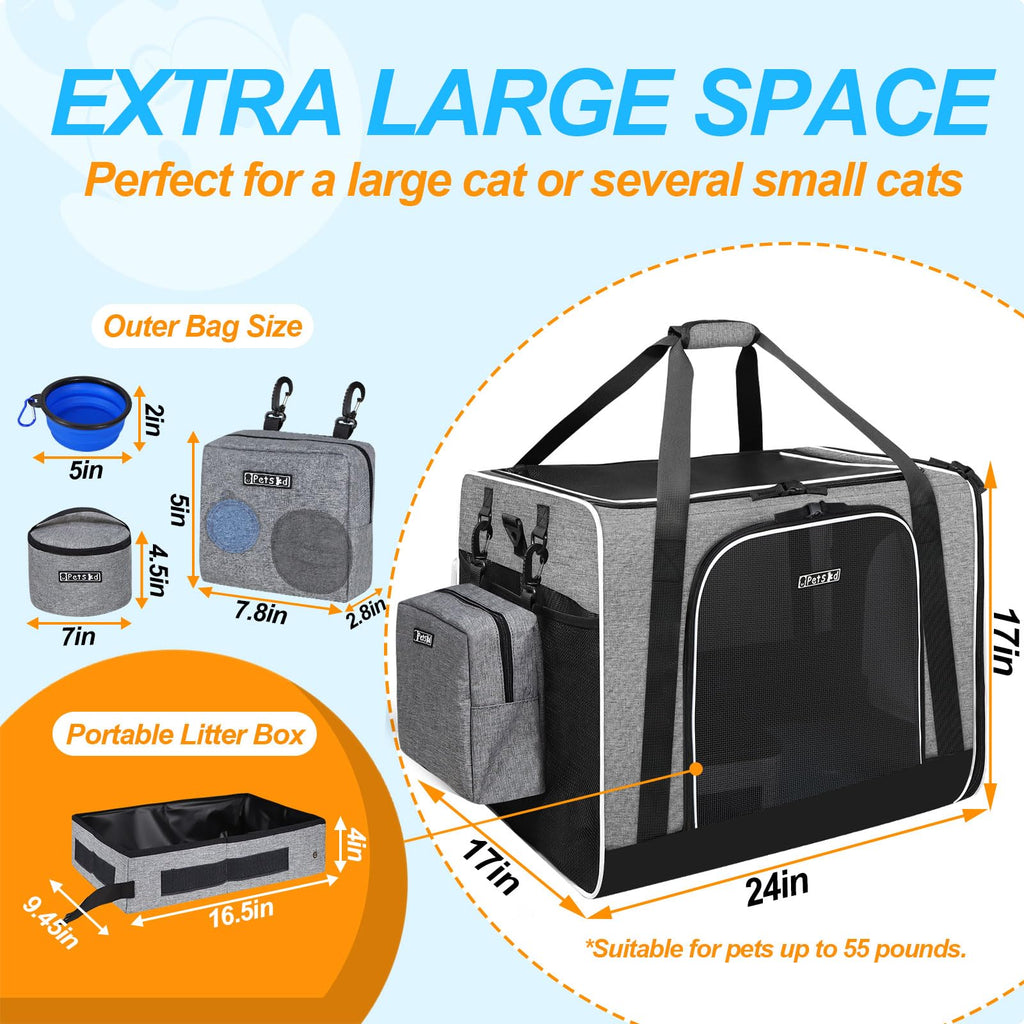Petskd Extra Large Cat Carrier with Litter Box – 24x17x17 in Grey | Safe Car Travel