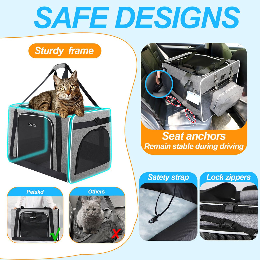 Petskd Extra Large Cat Carrier with Litter Box – 24x17x17 in Grey | Safe Car Travel