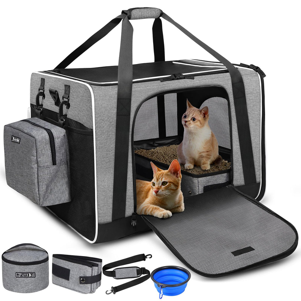 Petskd Extra Large Cat Carrier with Litter Box – 24x17x17 in Grey | Safe Car Travel