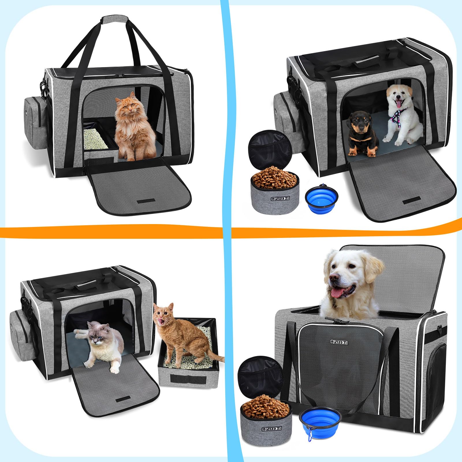 Petskd Extra Large Cat Carrier with Litter Box – 24x17x17 in Grey | Safe Car Travel