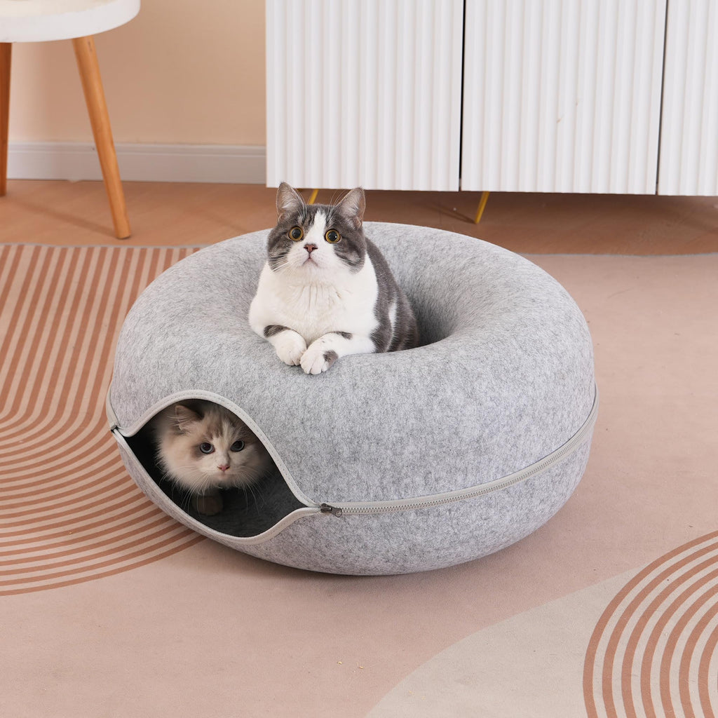 PLIISLUP Large Cat Tunnel Bed – Indoor Donut Cave with 3 Toys, Up to 30 lbs, Light Grey