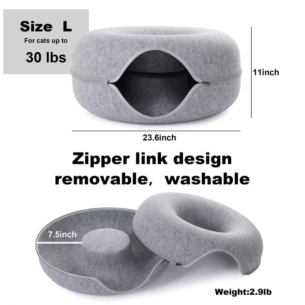 PLIISLUP Large Cat Tunnel Bed – Indoor Donut Cave with 3 Toys, Up to 30 lbs, Light Grey