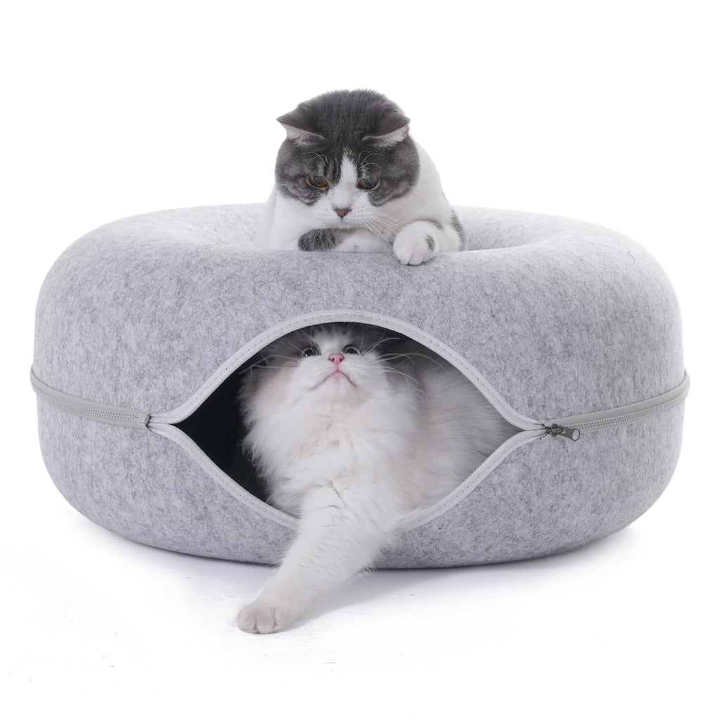 PLIISLUP Large Cat Tunnel Bed – Indoor Donut Cave with 3 Toys, Up to 30 lbs, Light Grey